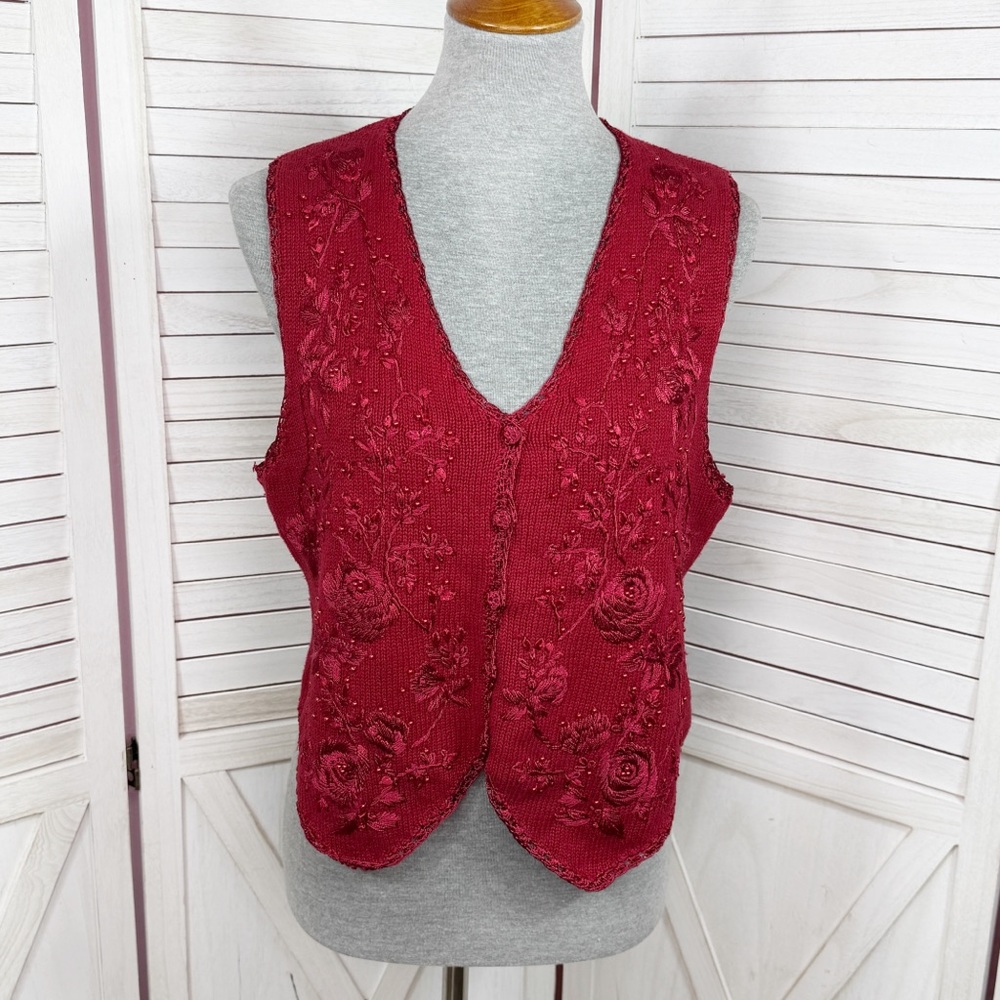 Vintage 90s Heirloom Collectibles Embroidered Beaded Sweater Vest‎ Red Medium